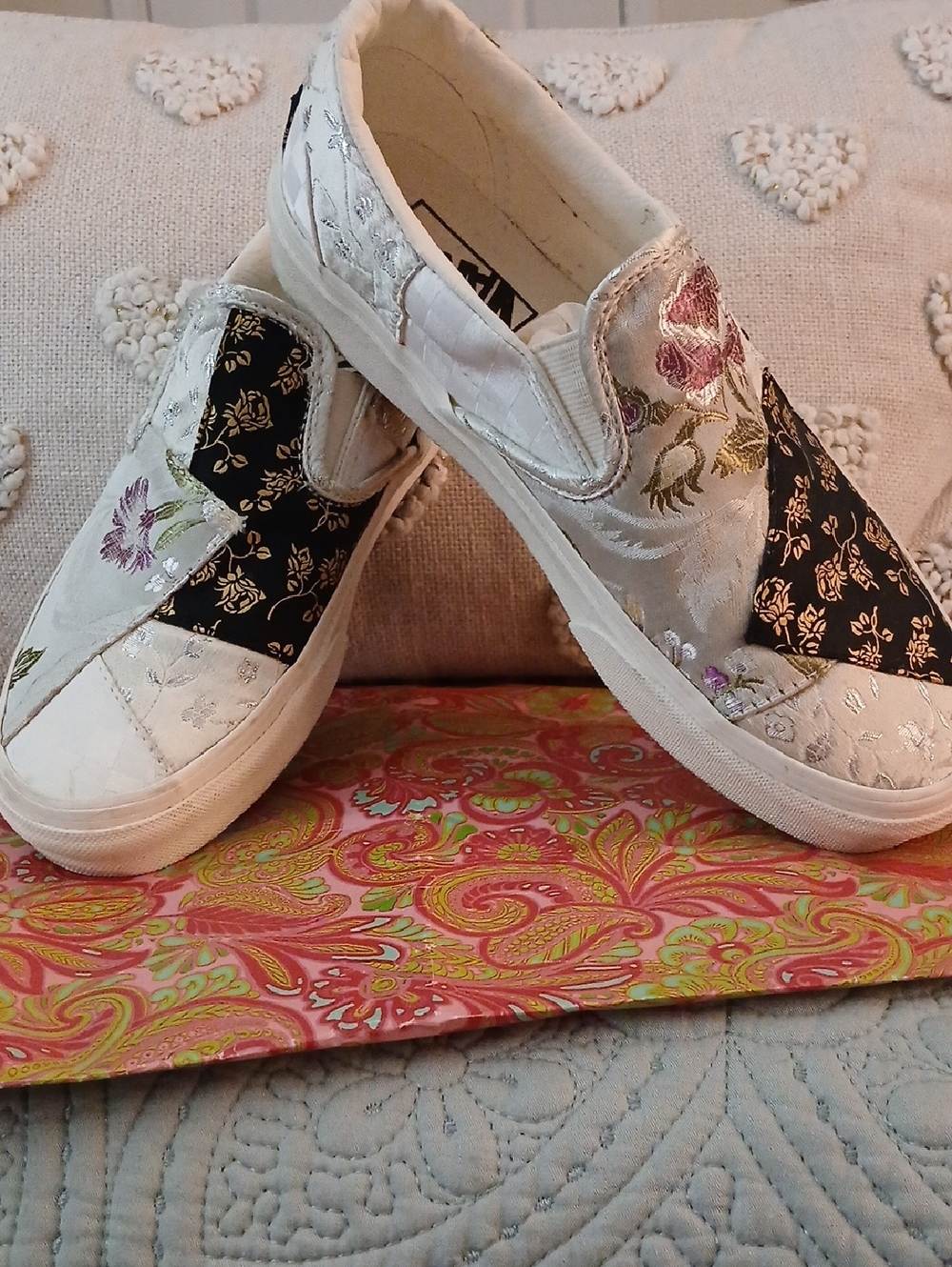 Vans White Slip-On Sneakers with Black Floral Panels